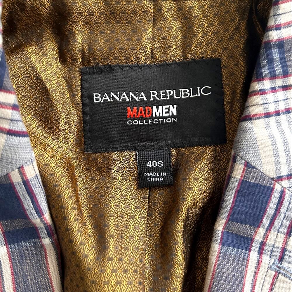 Banana Republic Mad Men Collection Suit Coat/Jacket Blues/Beige Multi Plaid 40S - Picture 3 of 9